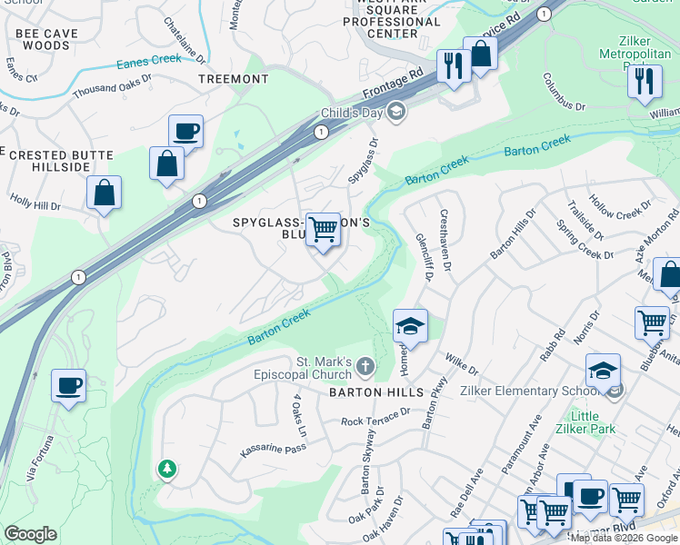 map of restaurants, bars, coffee shops, grocery stores, and more near 2501 Dana Cove in Austin