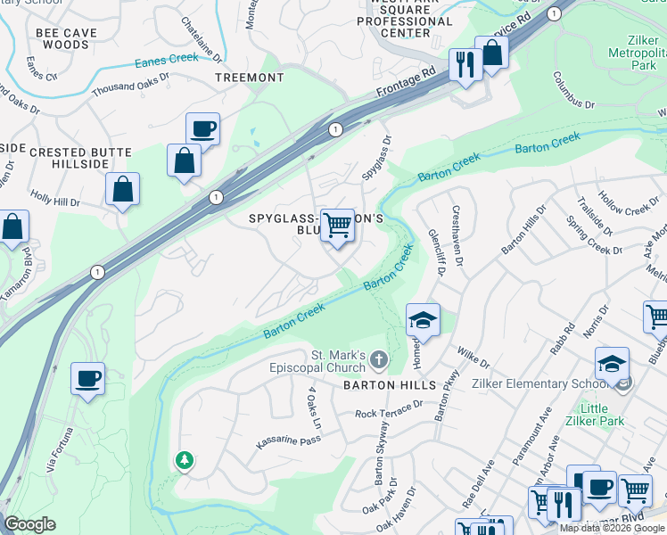 map of restaurants, bars, coffee shops, grocery stores, and more near 1600 1/2 Spyglass Drive in Austin