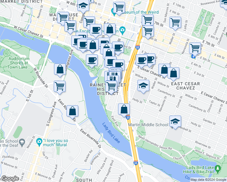 map of restaurants, bars, coffee shops, grocery stores, and more near 61 Rainey Street in Austin