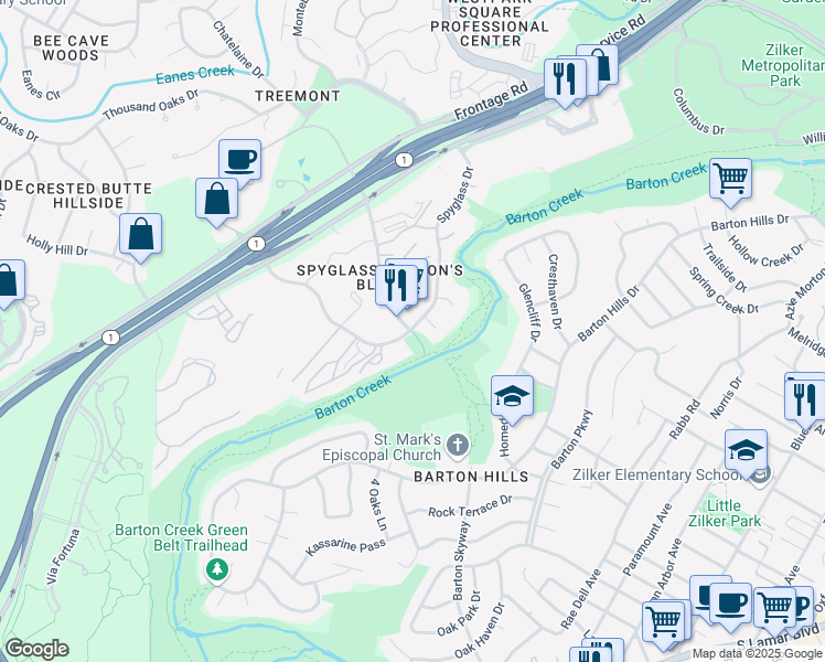 map of restaurants, bars, coffee shops, grocery stores, and more near 1601 Spyglass Drive in Austin