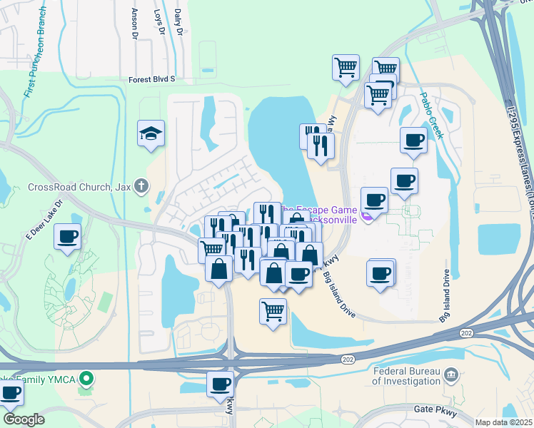 map of restaurants, bars, coffee shops, grocery stores, and more near 10135 Gate Parkway North in Jacksonville
