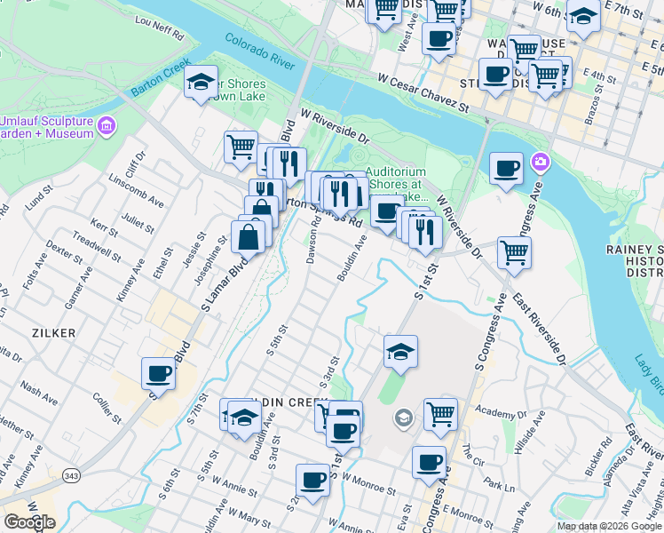 map of restaurants, bars, coffee shops, grocery stores, and more near 907 Post Oak Street in Austin