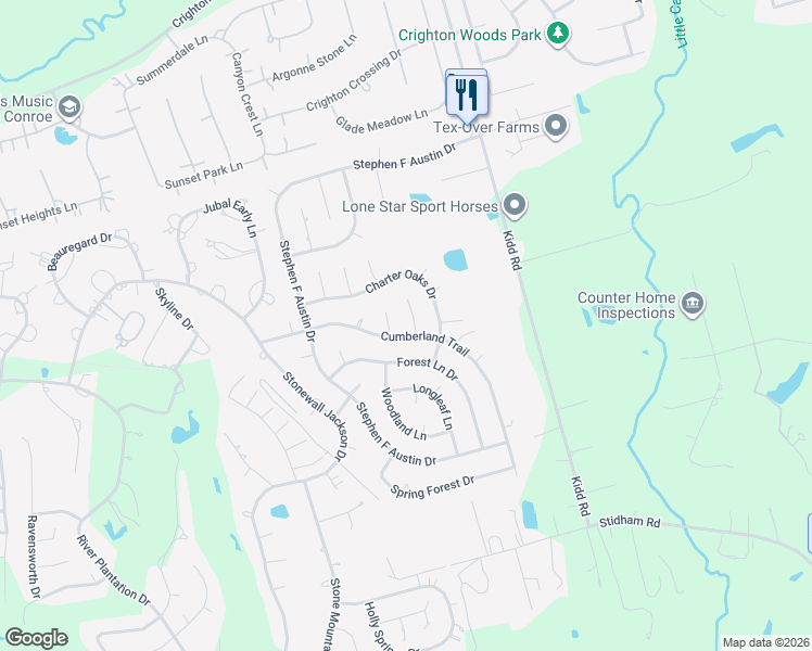 map of restaurants, bars, coffee shops, grocery stores, and more near 595 Longwood Lane in Conroe