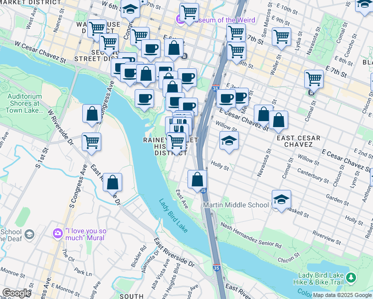 map of restaurants, bars, coffee shops, grocery stores, and more near 69 Rainey Street in Austin