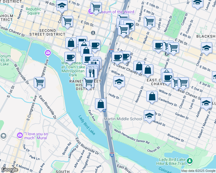 map of restaurants, bars, coffee shops, grocery stores, and more near 905 Taylor Street in Austin