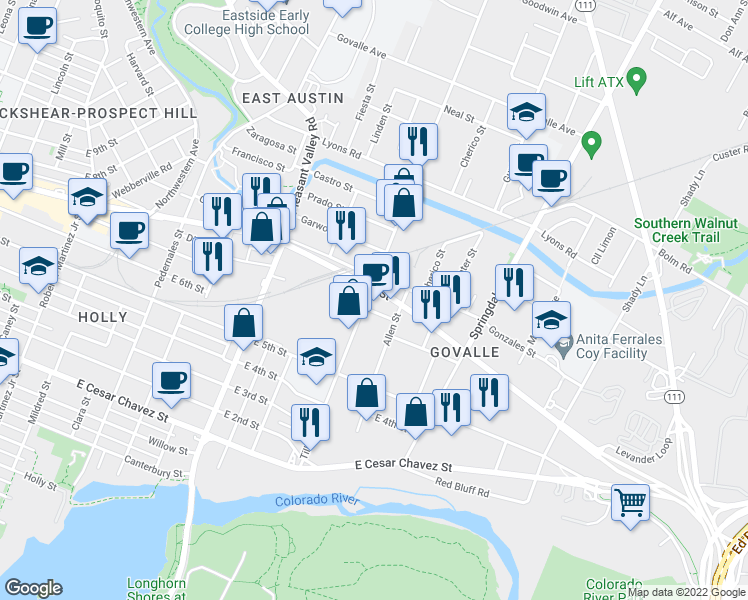 map of restaurants, bars, coffee shops, grocery stores, and more near 645 Tillery Street in Austin