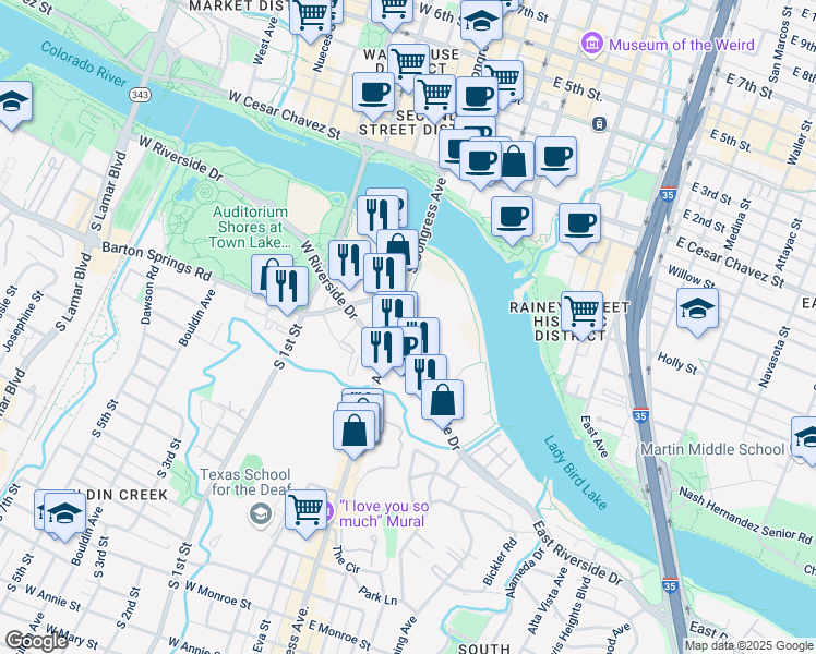 map of restaurants, bars, coffee shops, grocery stores, and more near 315 South Congress Avenue in Austin