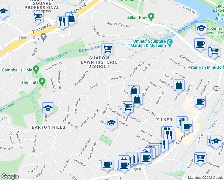 map of restaurants, bars, coffee shops, grocery stores, and more near 1507 Norris Drive in Austin