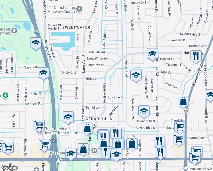 map of restaurants, bars, coffee shops, grocery stores, and more near 4403 Harlow Boulevard in Jacksonville