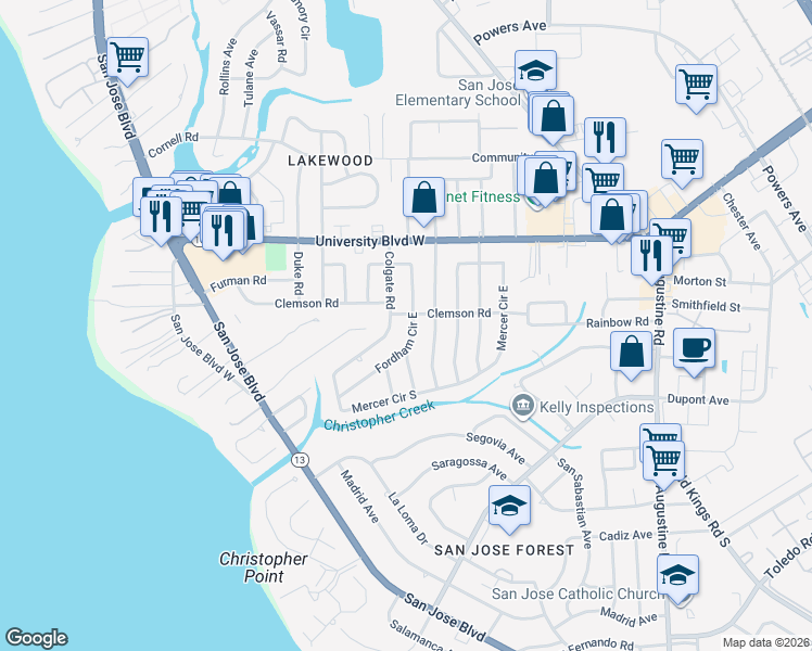 map of restaurants, bars, coffee shops, grocery stores, and more near 6216 Fordham Circle West in Jacksonville