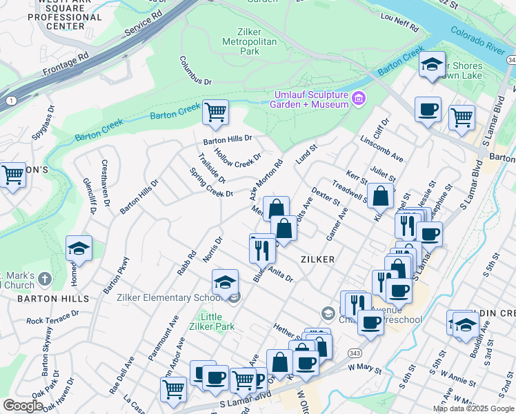 map of restaurants, bars, coffee shops, grocery stores, and more near 2126 Melridge Place in Austin