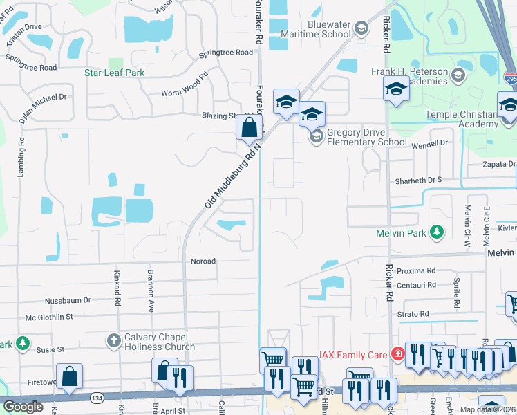 map of restaurants, bars, coffee shops, grocery stores, and more near 4417 Loveland Pass Drive South in Jacksonville