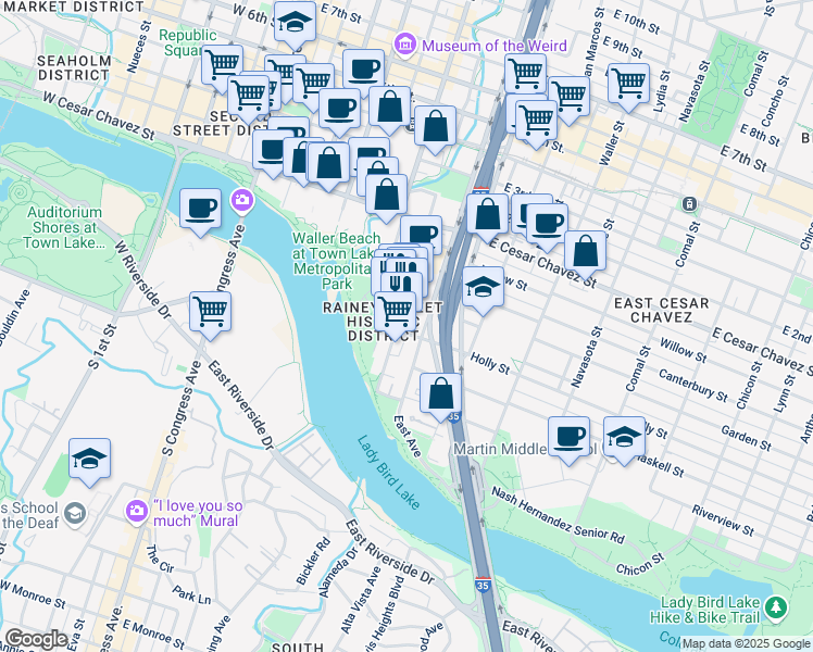 map of restaurants, bars, coffee shops, grocery stores, and more near 700 River Street in Austin