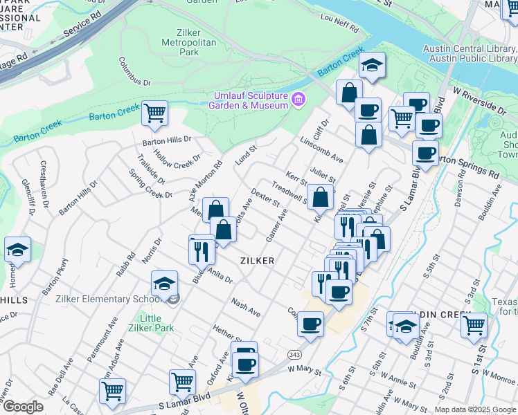 map of restaurants, bars, coffee shops, grocery stores, and more near 1814 Margaret Street in Austin