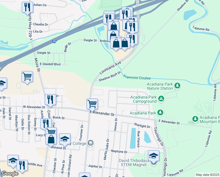 map of restaurants, bars, coffee shops, grocery stores, and more near 604 Winnipeg Avenue in Lafayette