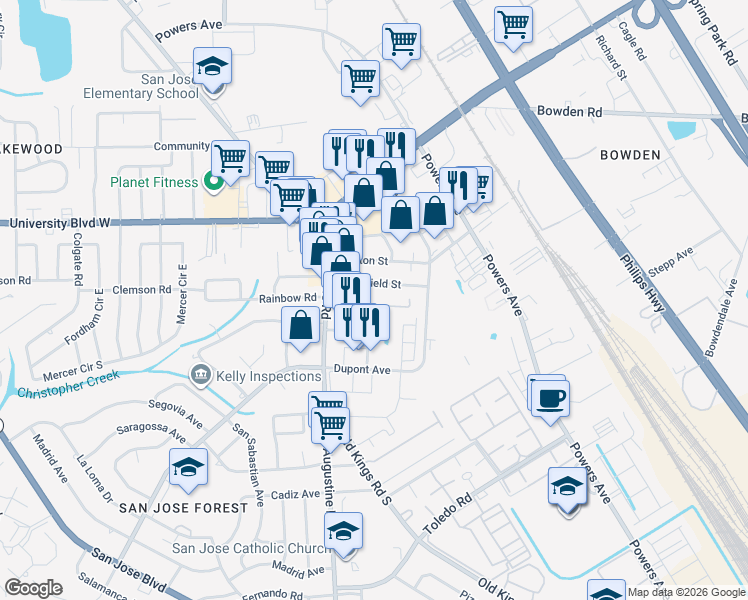 map of restaurants, bars, coffee shops, grocery stores, and more near 3534 Smithfield Street in Jacksonville