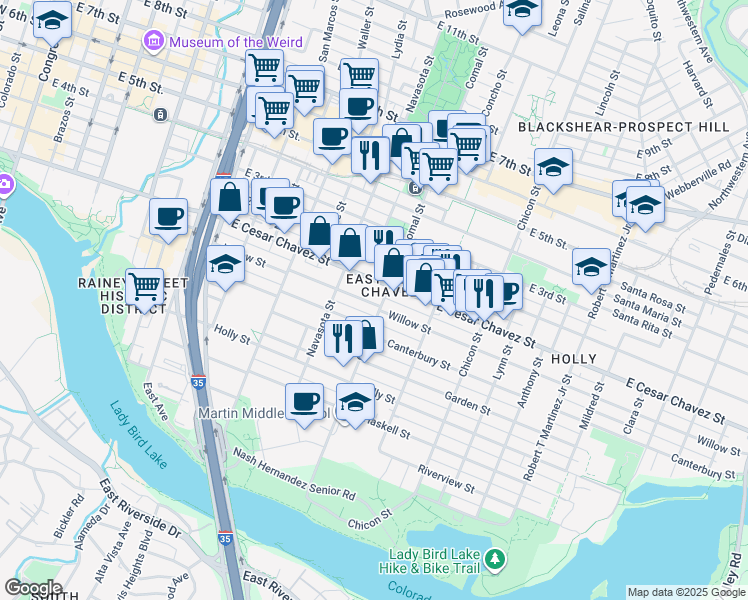 map of restaurants, bars, coffee shops, grocery stores, and more near 1504 Willow Street in Austin