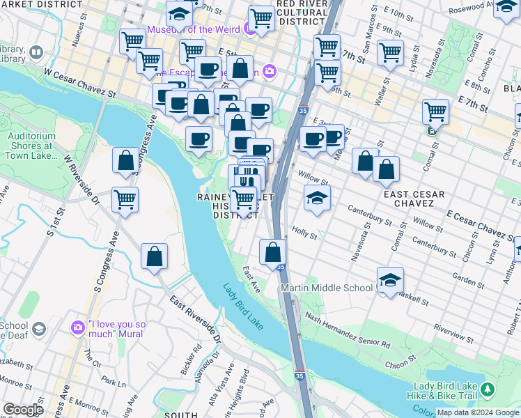 map of restaurants, bars, coffee shops, grocery stores, and more near 69 Rainey Street in Austin