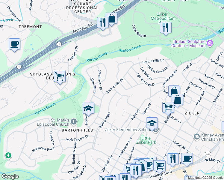 map of restaurants, bars, coffee shops, grocery stores, and more near 1801 Barton Hills Drive in Austin