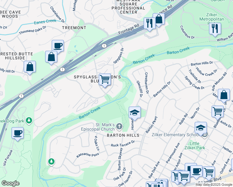 map of restaurants, bars, coffee shops, grocery stores, and more near 2501 Dana Cove in Austin