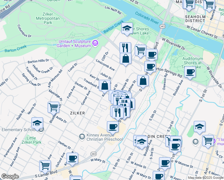map of restaurants, bars, coffee shops, grocery stores, and more near 902 Ethel Street in Austin