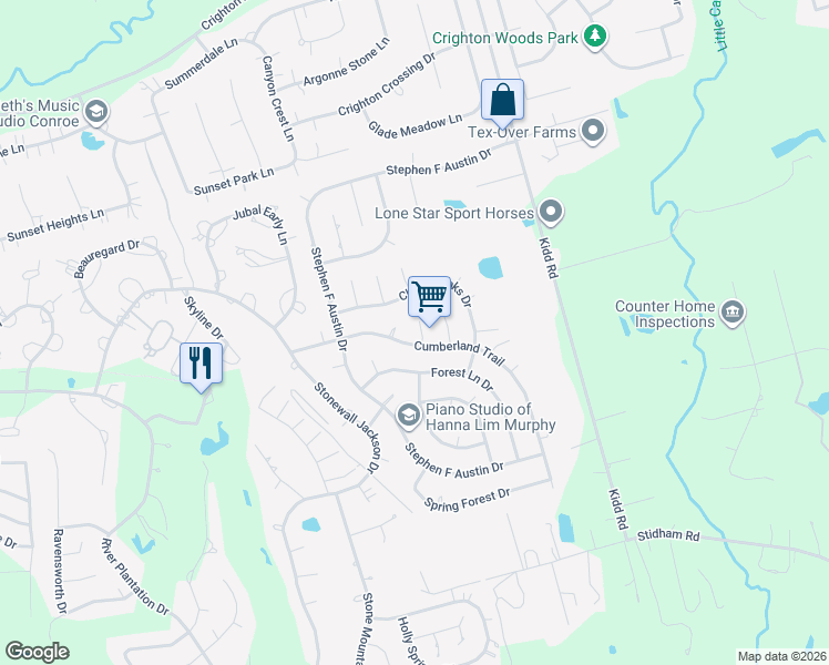 map of restaurants, bars, coffee shops, grocery stores, and more near 595 Longwood Lane in Conroe