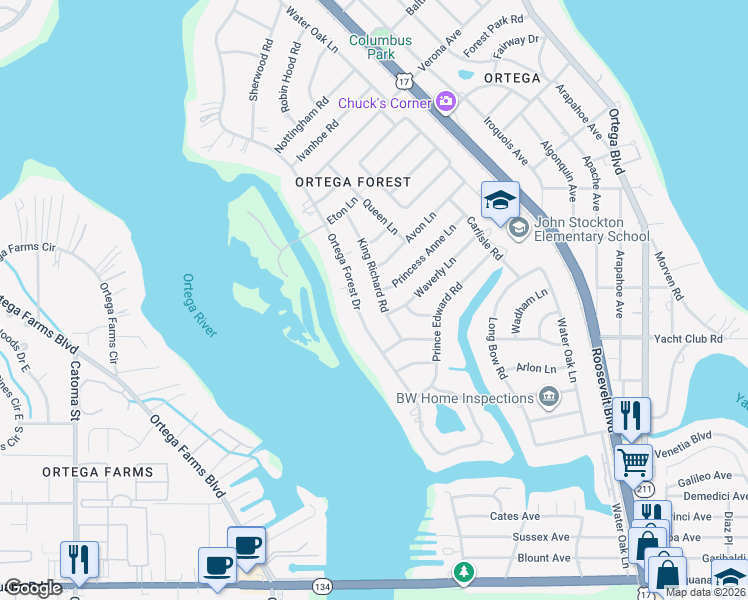 map of restaurants, bars, coffee shops, grocery stores, and more near 4868 King Richard Road in Jacksonville
