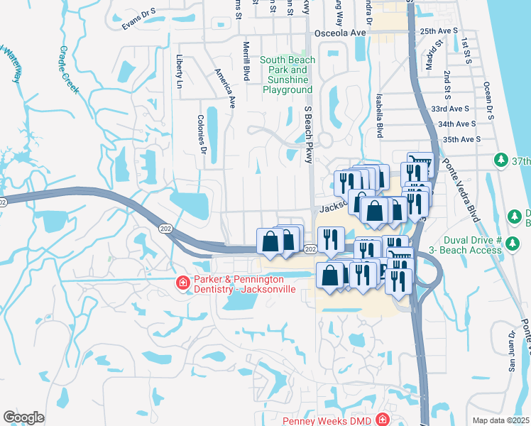 map of restaurants, bars, coffee shops, grocery stores, and more near 4001 Palm Way in Jacksonville Beach
