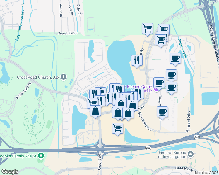 map of restaurants, bars, coffee shops, grocery stores, and more near 10135 Gate Parkway North in Jacksonville