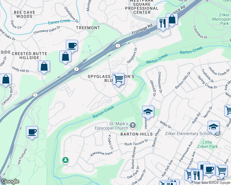 map of restaurants, bars, coffee shops, grocery stores, and more near 1600 1/2 Spyglass Drive in Austin