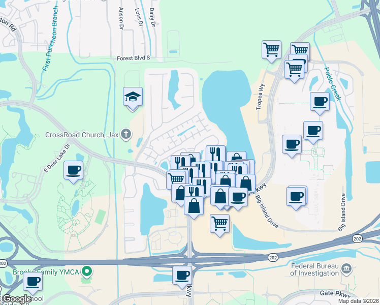 map of restaurants, bars, coffee shops, grocery stores, and more near 10135 Gate Parkway North in Jacksonville