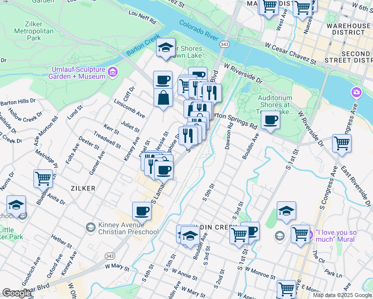 map of restaurants, bars, coffee shops, grocery stores, and more near 715 South Lamar Boulevard in Austin