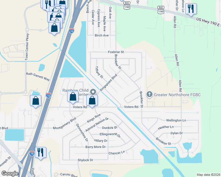 map of restaurants, bars, coffee shops, grocery stores, and more near 215 Tiffany Street in Slidell
