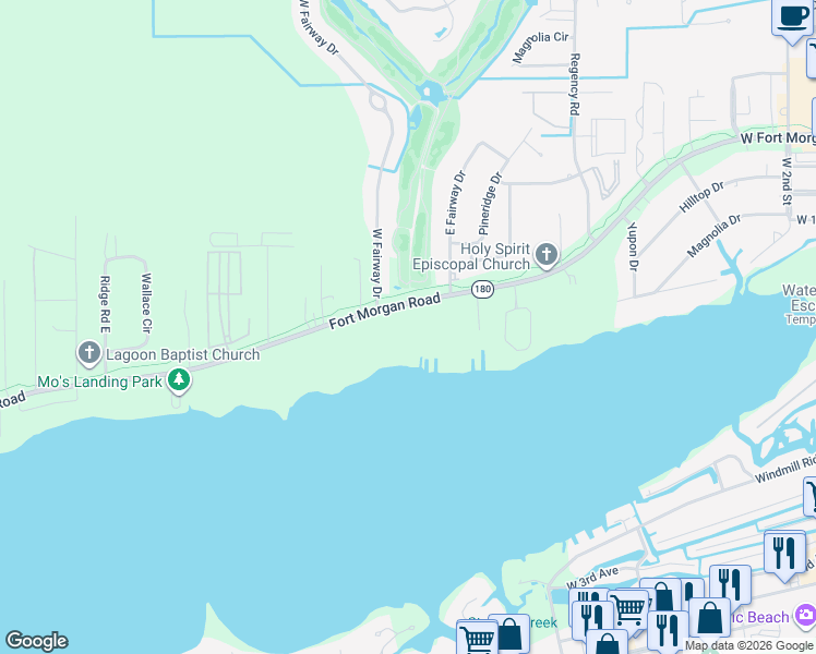 map of restaurants, bars, coffee shops, grocery stores, and more near 18606 Alabama 180 in Gulf Shores