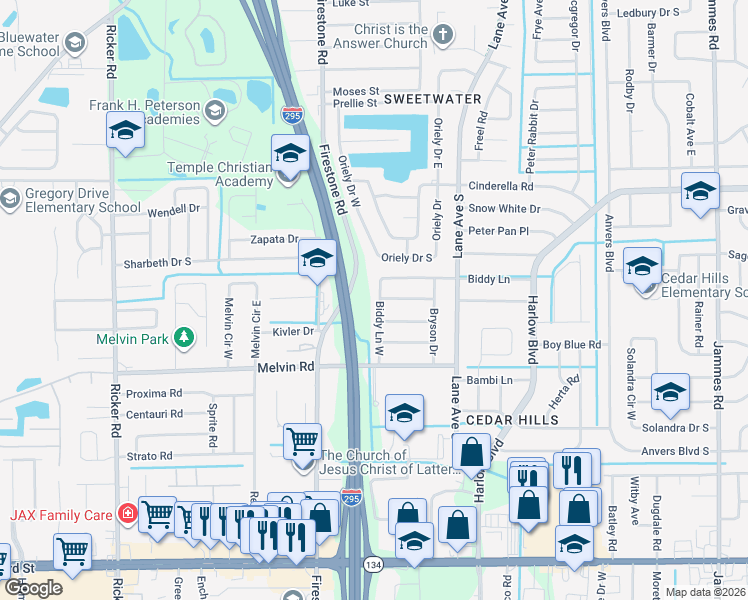 map of restaurants, bars, coffee shops, grocery stores, and more near 4402 Biddy Lane West in Jacksonville