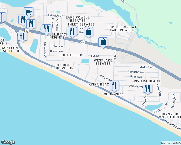 map of restaurants, bars, coffee shops, grocery stores, and more near 22125 Bataan Avenue in Panama City Beach