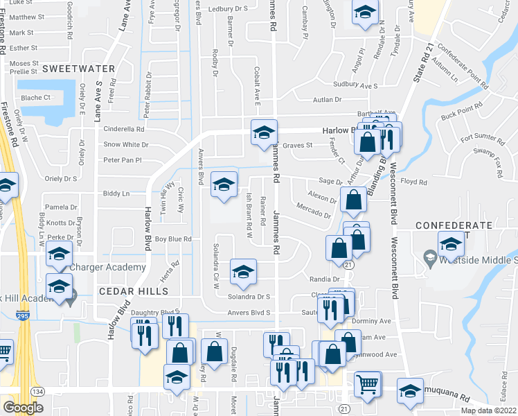 map of restaurants, bars, coffee shops, grocery stores, and more near 4434 Rainer Road in Jacksonville