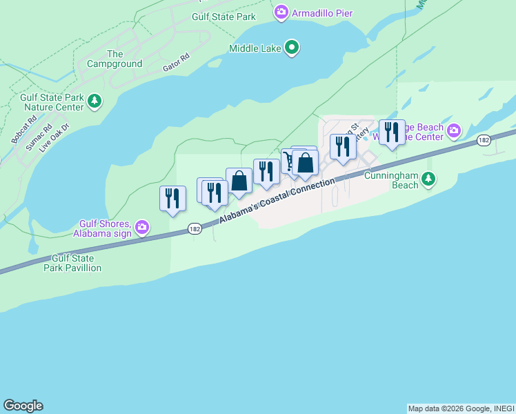 map of restaurants, bars, coffee shops, grocery stores, and more near 23044 Alabama 182 in Orange Beach