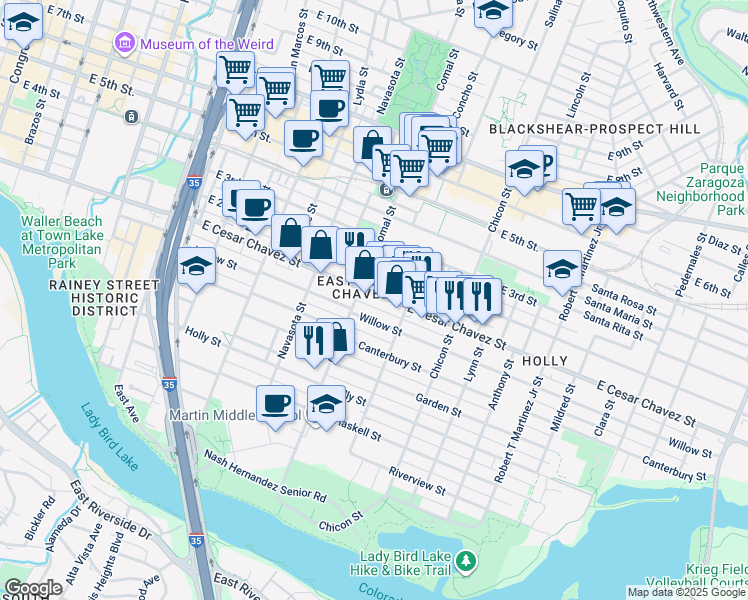 map of restaurants, bars, coffee shops, grocery stores, and more near in Austin