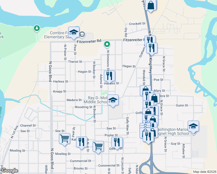 map of restaurants, bars, coffee shops, grocery stores, and more near 1606 Adams St in Lake Charles