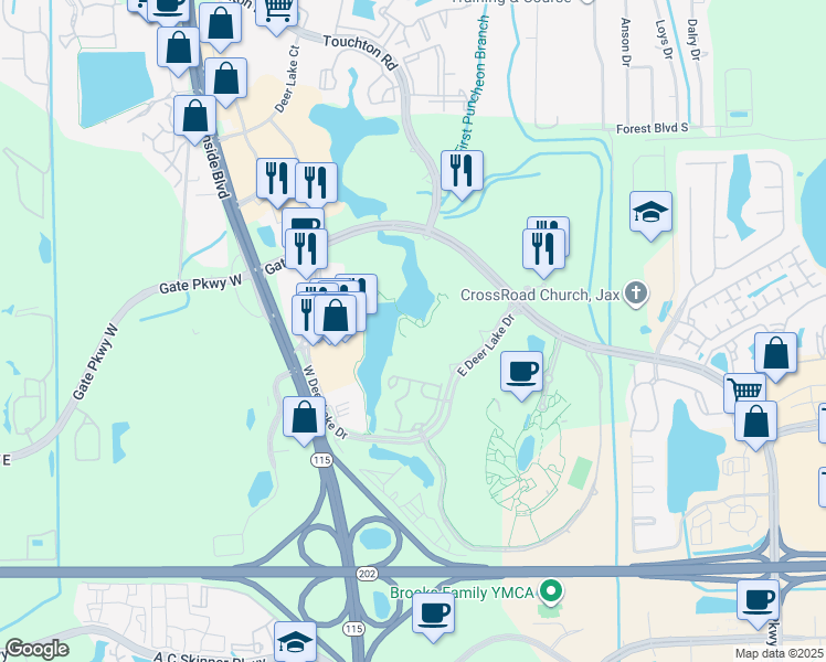 map of restaurants, bars, coffee shops, grocery stores, and more near 4804 East Deer Lake Drive in Jacksonville