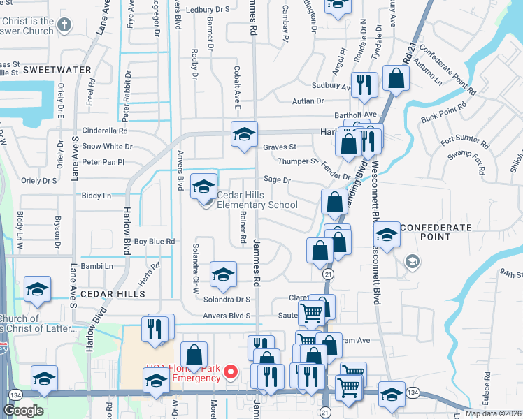 map of restaurants, bars, coffee shops, grocery stores, and more near 4435 Jammes Road in Jacksonville