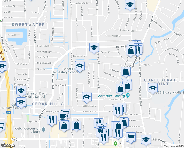 map of restaurants, bars, coffee shops, grocery stores, and more near 4434 Rainer Road in Jacksonville