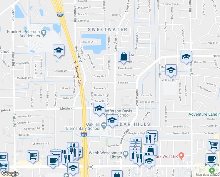 map of restaurants, bars, coffee shops, grocery stores, and more near 4406 Lane Avenue South in Jacksonville