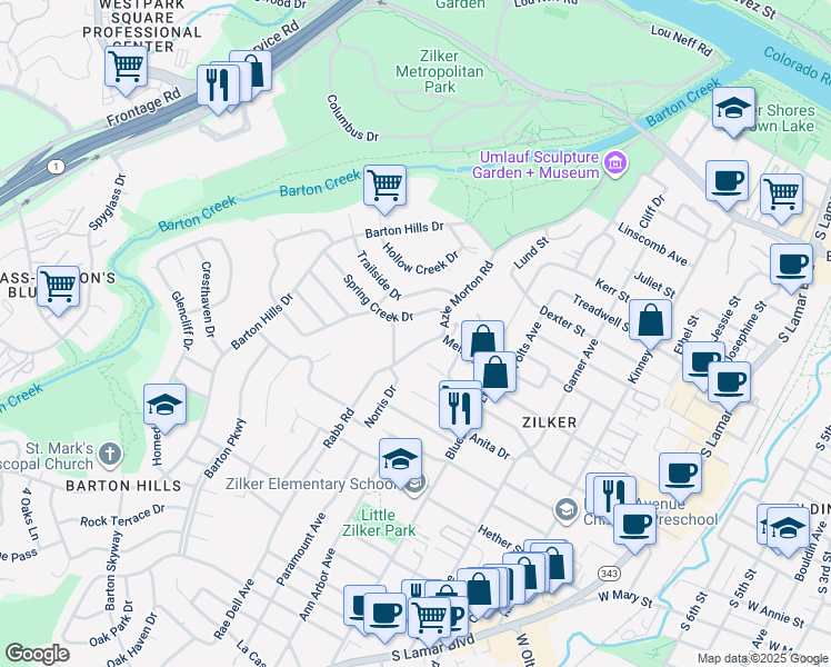 map of restaurants, bars, coffee shops, grocery stores, and more near 1507 Norris Drive in Austin