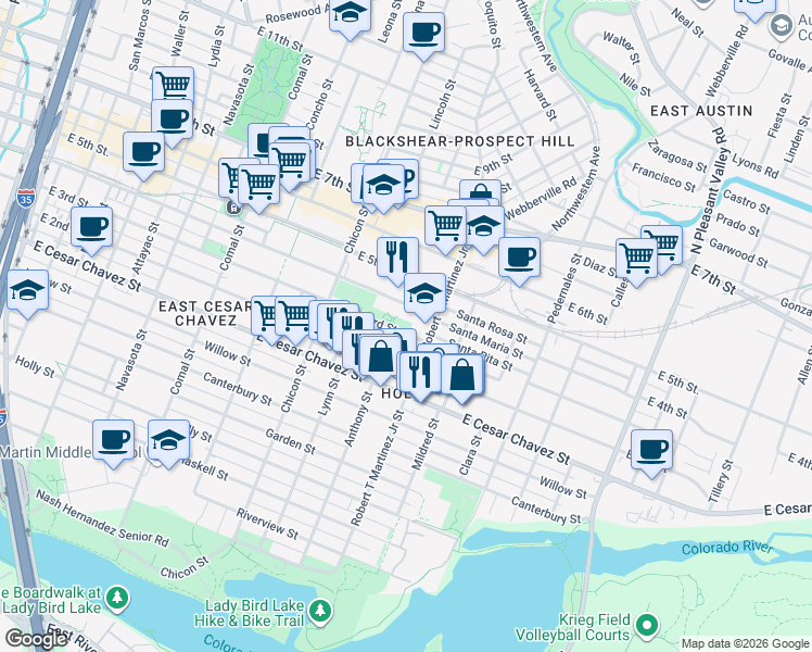 map of restaurants, bars, coffee shops, grocery stores, and more near 2100 East 3rd Street in Austin