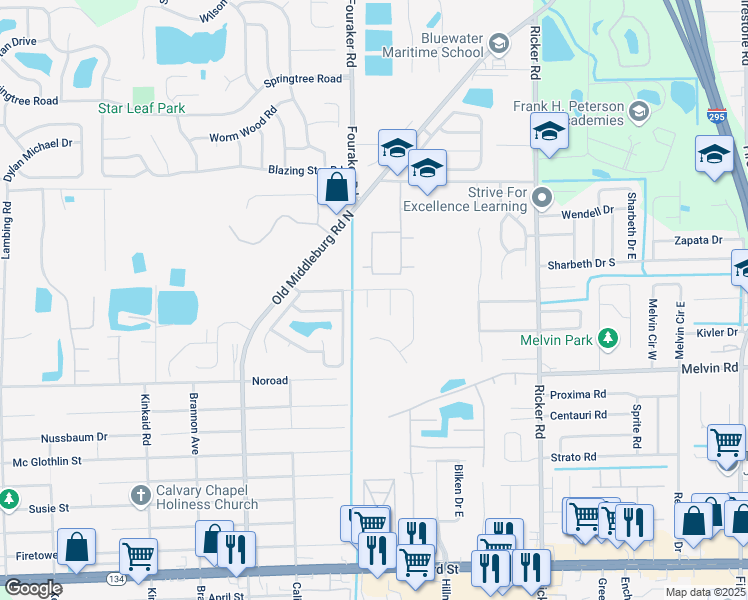 map of restaurants, bars, coffee shops, grocery stores, and more near 4422 Crested Butte Court in Jacksonville