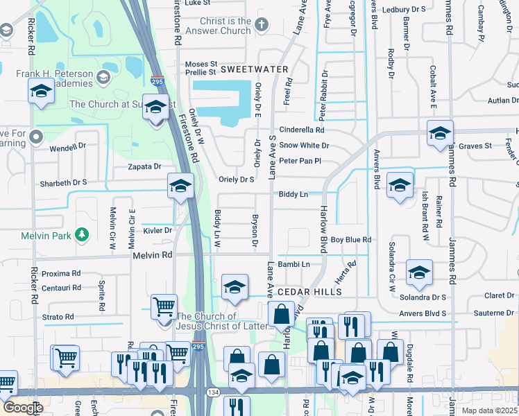 map of restaurants, bars, coffee shops, grocery stores, and more near 4406 Lane Avenue South in Jacksonville