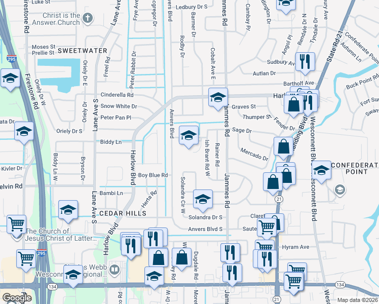map of restaurants, bars, coffee shops, grocery stores, and more near 6534 Ish Brant Road in Jacksonville