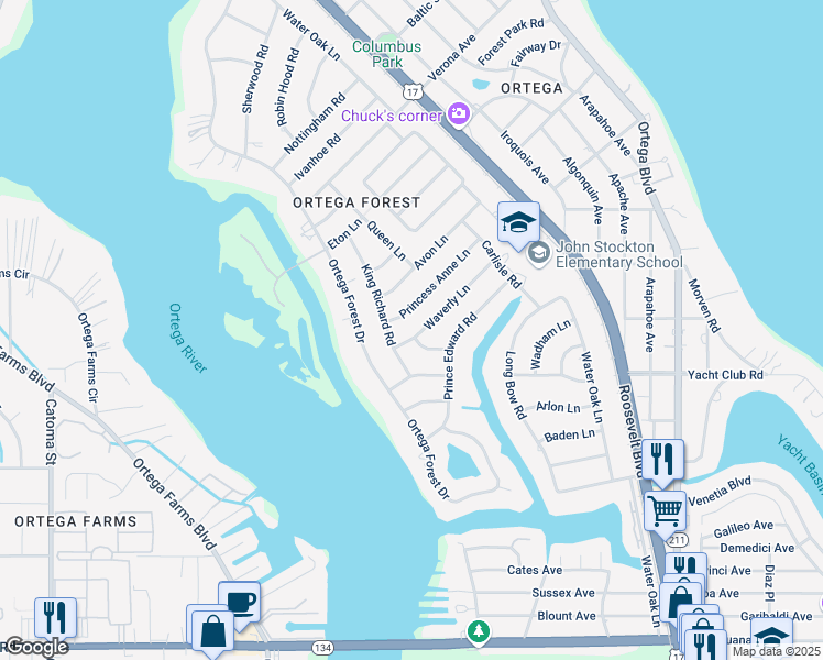 map of restaurants, bars, coffee shops, grocery stores, and more near 4829 Waverly Lane in Jacksonville